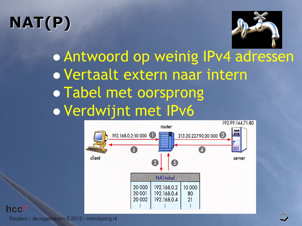 NAT(P) Antwoord op weinig IPv4 adressen. Vertaalt extern naar intern.