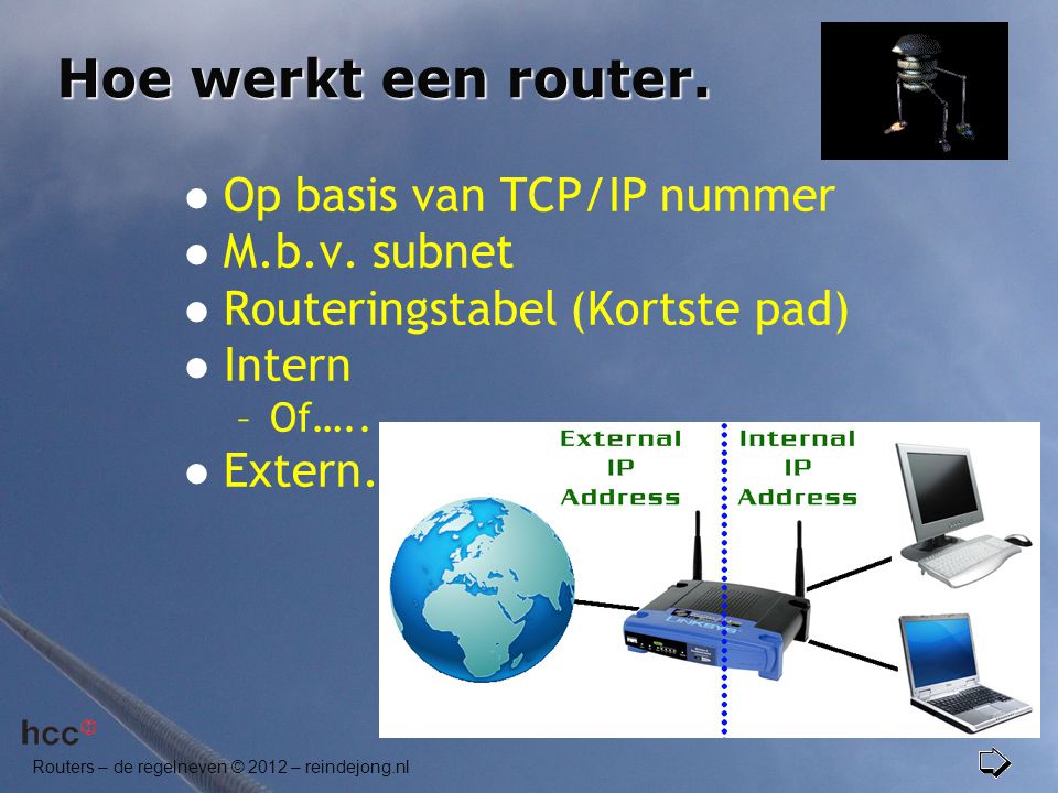 Hoe werkt een router. Op basis van TCP/IP nummer M.b.v. subnet