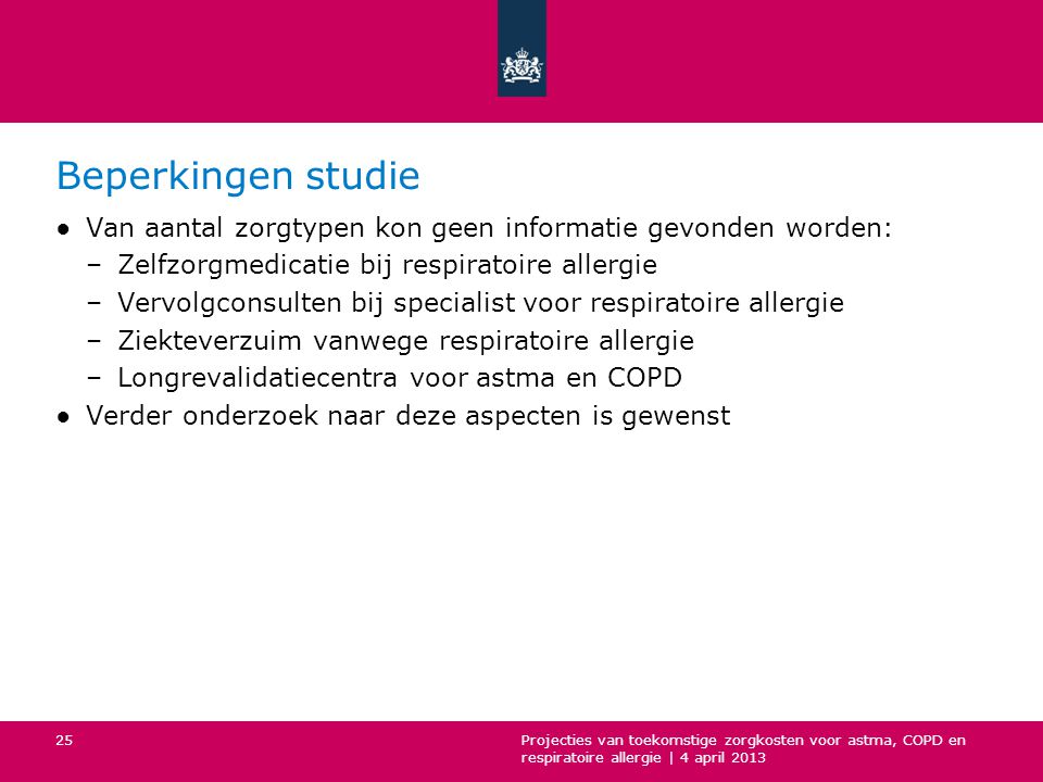 Beperkingen studie Van aantal zorgtypen kon geen informatie gevonden worden: Zelfzorgmedicatie bij respiratoire allergie.