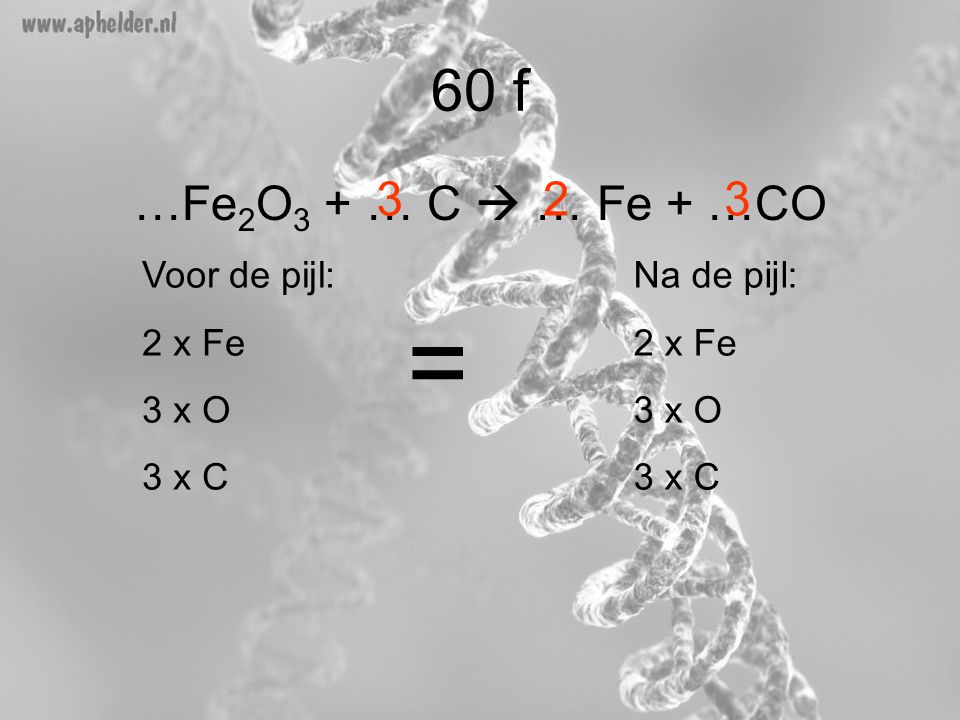 = 60 f …Fe2O3 + … C  … Fe + …CO Voor de pijl: 2 x Fe 3 x O