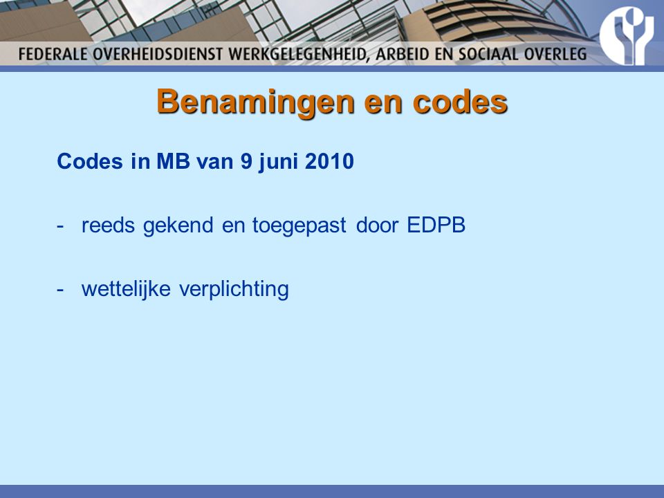 Benamingen en codes Codes in MB van 9 juni 2010