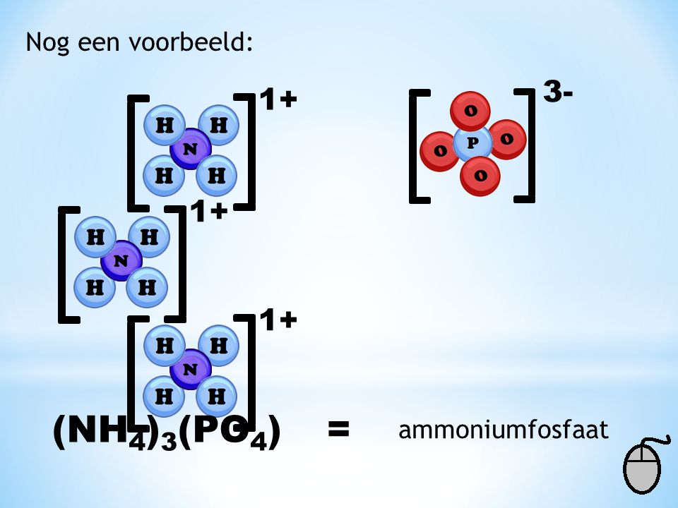 Nog een voorbeeld: (NH4)3(PO4) = ammoniumfosfaat