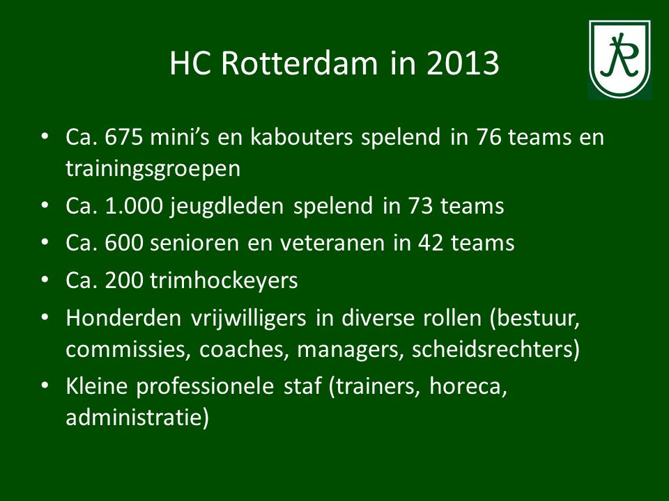 HC Rotterdam in 2013 Ca. 675 mini’s en kabouters spelend in 76 teams en trainingsgroepen. Ca jeugdleden spelend in 73 teams.