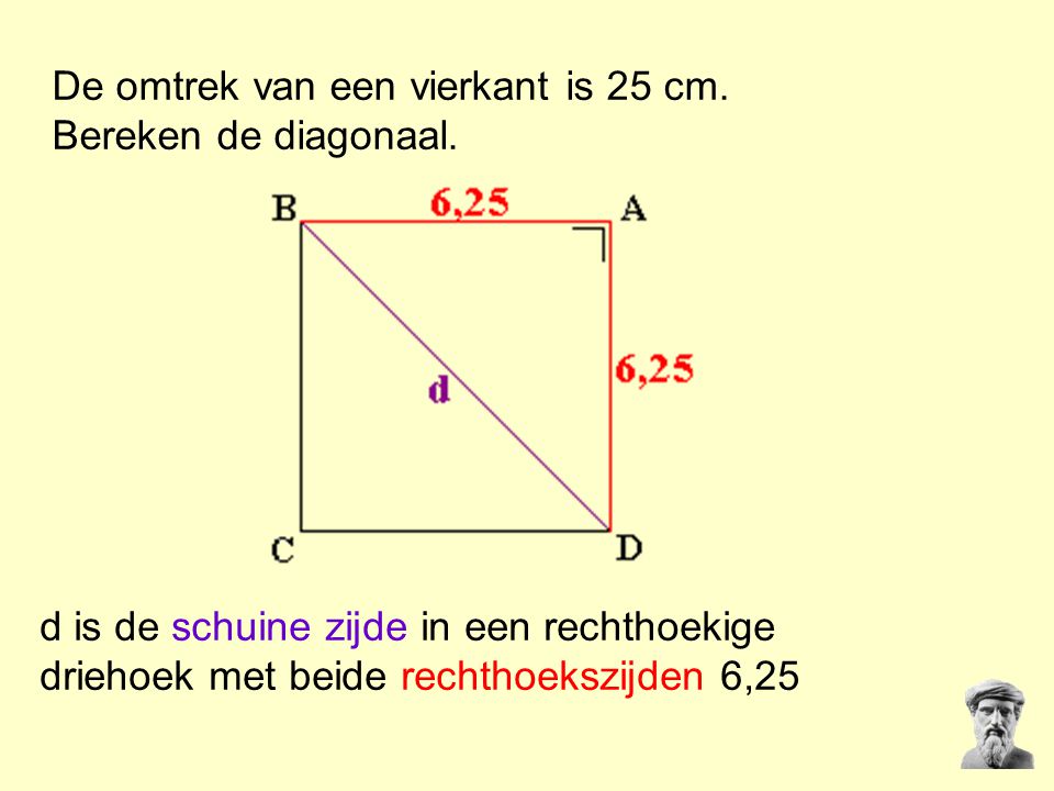 De omtrek van een vierkant is 25 cm. Bereken de diagonaal.