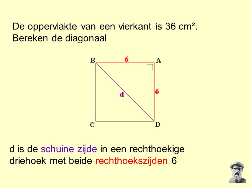 De oppervlakte van een vierkant is 36 cm². Bereken de diagonaal