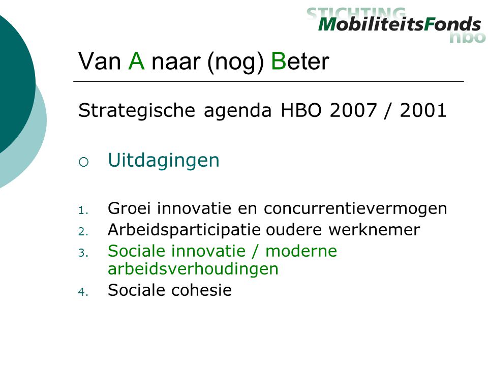 Van A naar (nog) Beter Strategische agenda HBO 2007 / 2001 Uitdagingen