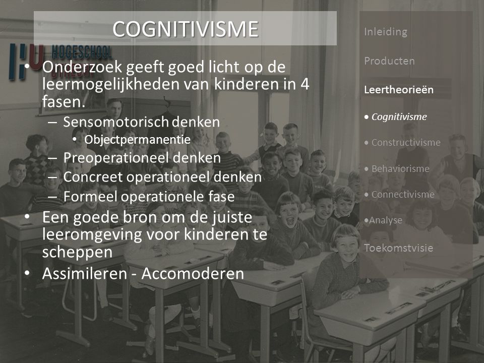COGNITIVISME Inleiding. Producten. Leertheorieën. Cognitivisme. Constructivisme. Behaviorisme.