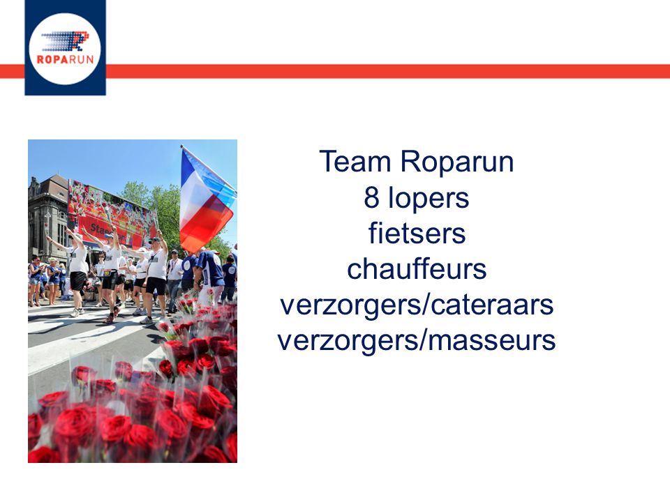 Team Roparun 8 lopers fietsers chauffeurs verzorgers/cateraars verzorgers/masseurs