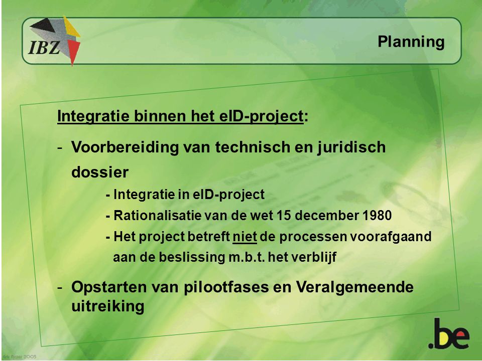 Planning Integratie binnen het eID-project: