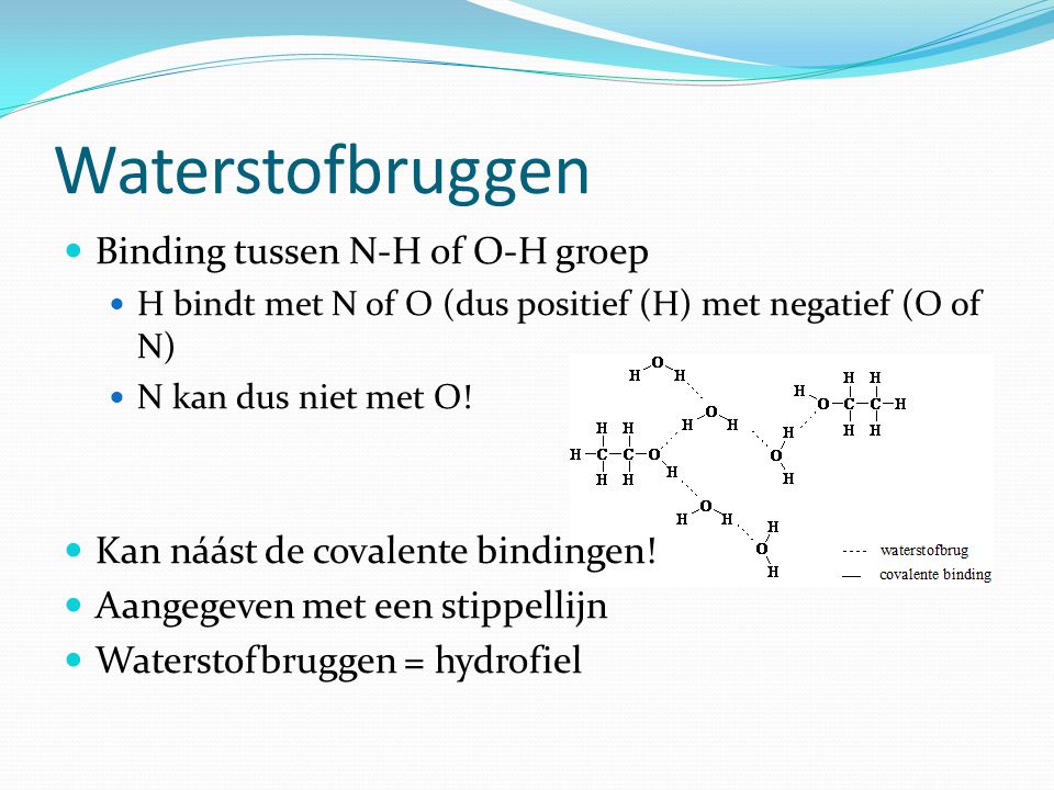 Waterstofbruggen Binding tussen N-H of O-H groep