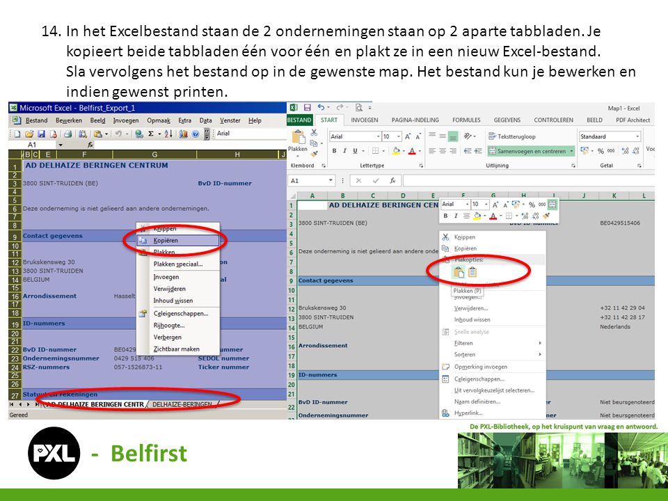 14. In het Excelbestand staan de 2 ondernemingen staan op 2 aparte tabbladen. Je kopieert beide tabbladen één voor één en plakt ze in een nieuw Excel-bestand.