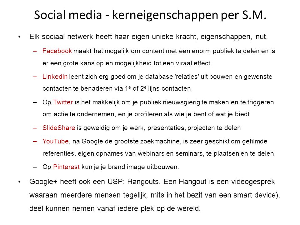 Social media - kerneigenschappen per S.M.