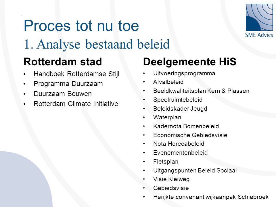 Proces tot nu toe 1. Analyse bestaand beleid Rotterdam stad