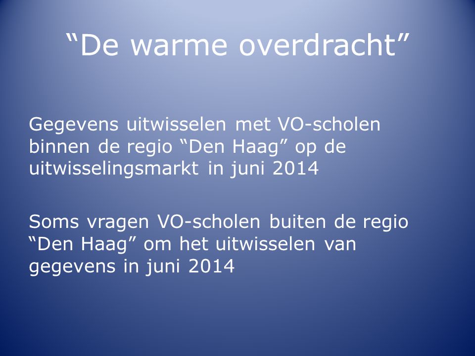 De warme overdracht Gegevens uitwisselen met VO-scholen binnen de regio Den Haag op de uitwisselingsmarkt in juni