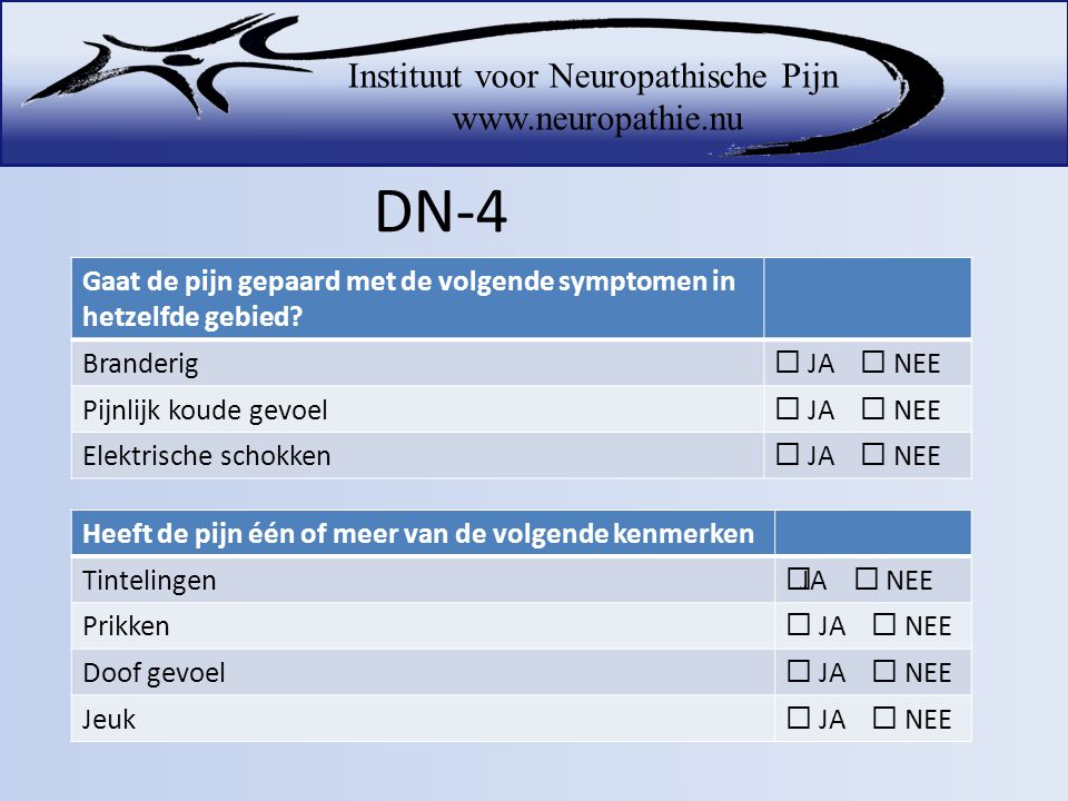 DN-4 Gaat de pijn gepaard met de volgende symptomen in hetzelfde gebied Branderig.  JA  NEE.