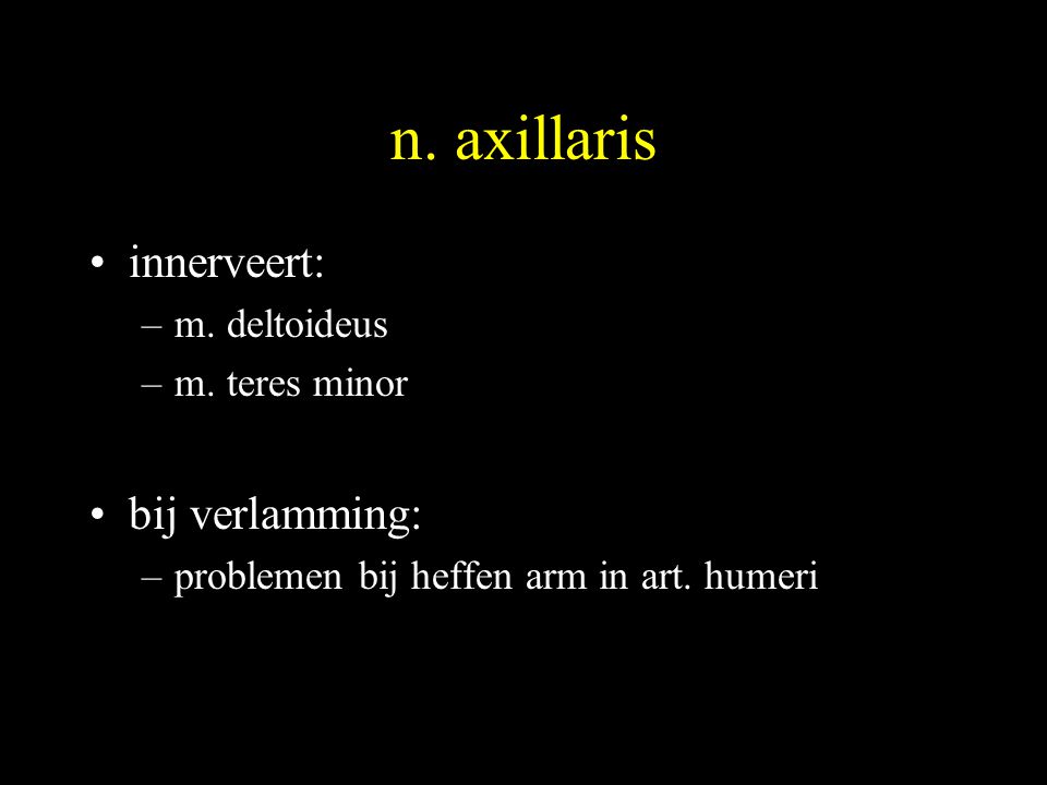 n. axillaris innerveert: bij verlamming: m. deltoideus m. teres minor