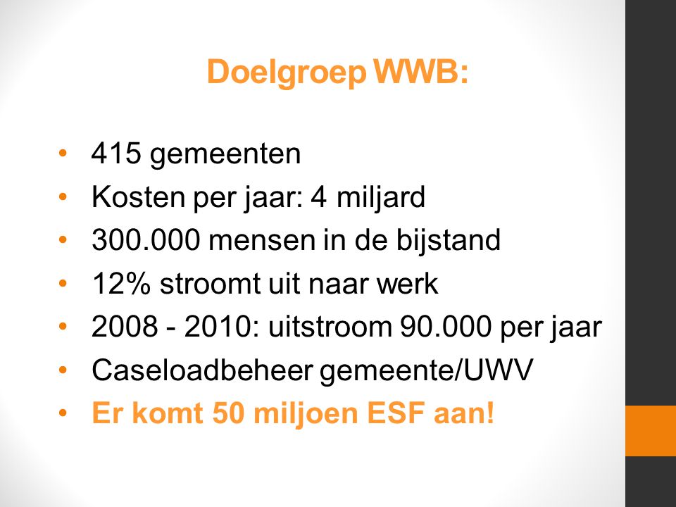 Doelgroep WWB: 415 gemeenten Kosten per jaar: 4 miljard