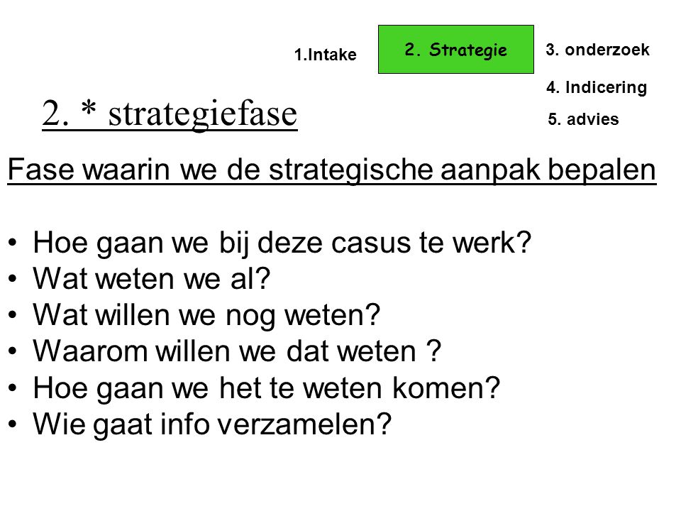2. * strategiefase Fase waarin we de strategische aanpak bepalen