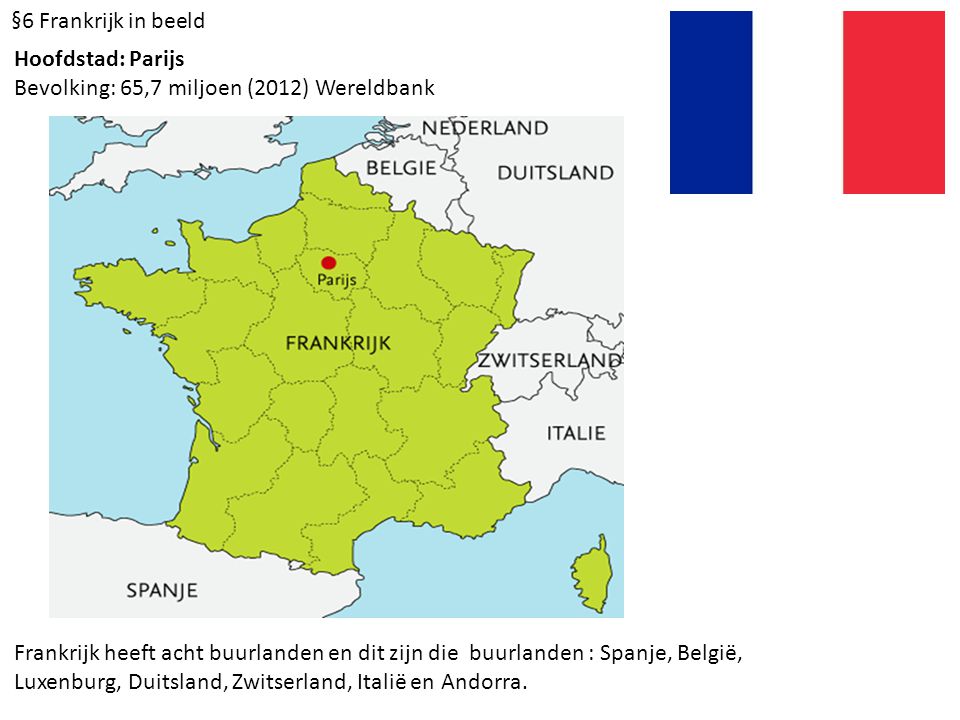 §6 Frankrijk in beeld Hoofdstad: Parijs. Bevolking: 65,7 miljoen (2012) Wereldbank.
