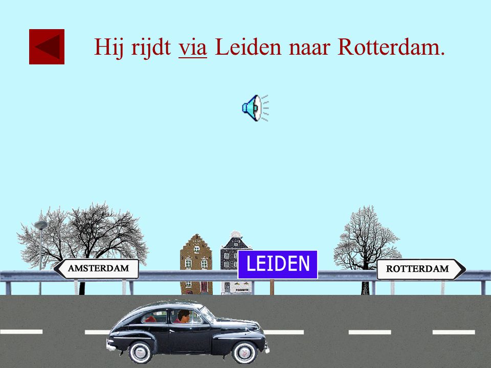 Hij rijdt via Leiden naar Rotterdam.
