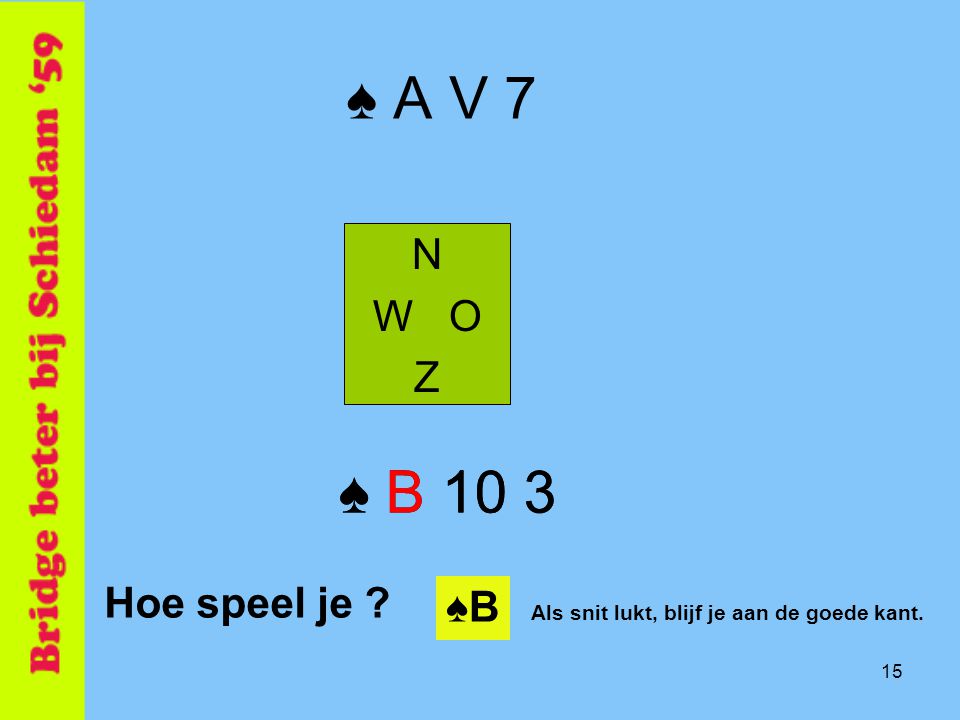 ♠ A V 7 ♠ B 10 3 ♠ B 10 3 N W O Z Hoe speel je ♠B
