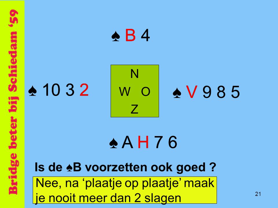 ♠ B 4 ♠ B 4. N. W O. Z. ♠ ♠ ♠ V. ♠ V ♠ A H 7 6. ♠ A H 7 6. Is de ♠B voorzetten ook goed