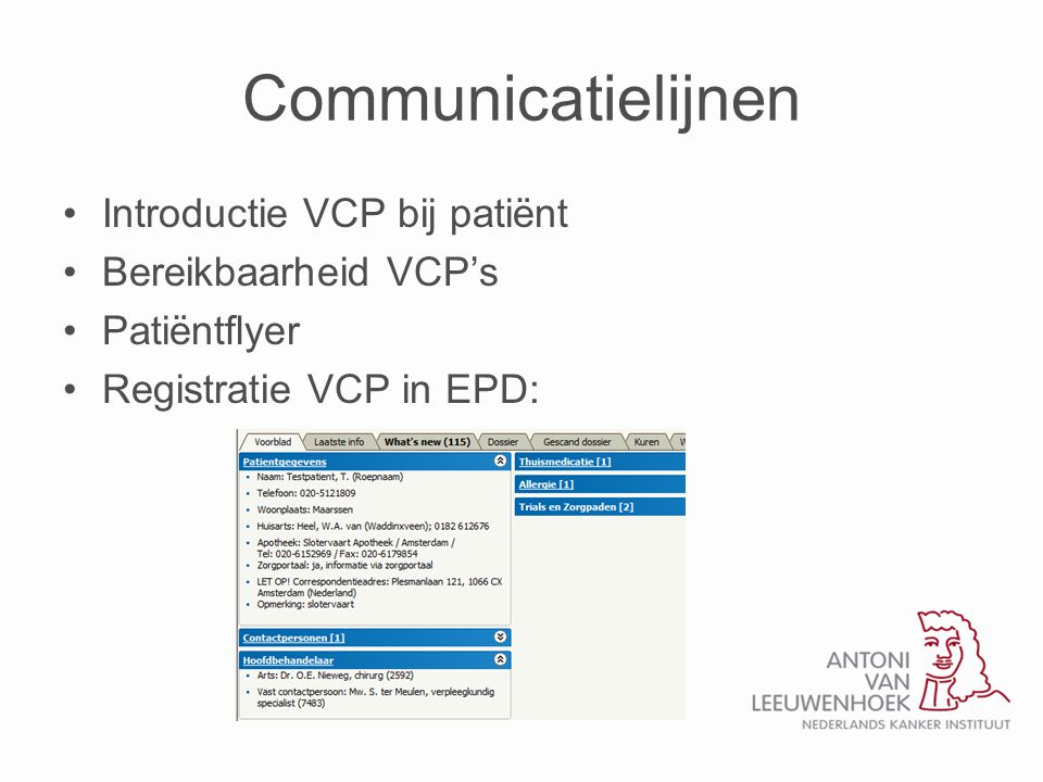 Communicatielijnen Introductie VCP bij patiënt Bereikbaarheid VCP’s