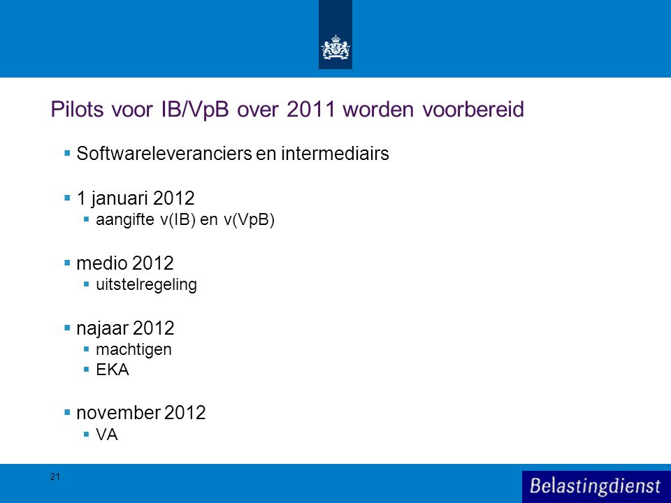 Pilots voor IB/VpB over 2011 worden voorbereid