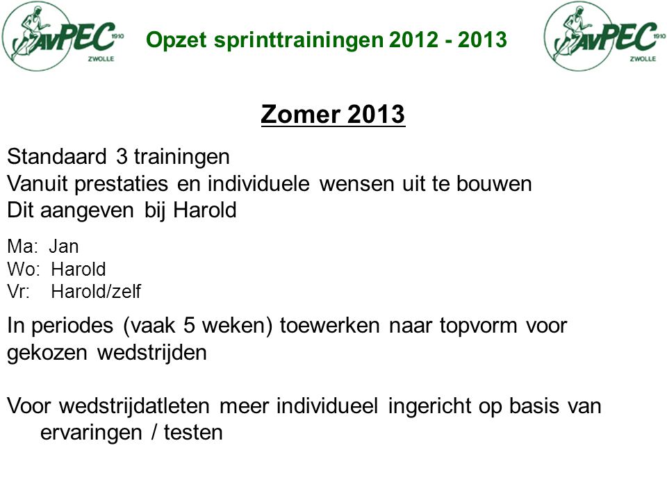 Zomer 2013 Opzet sprinttrainingen Standaard 3 trainingen