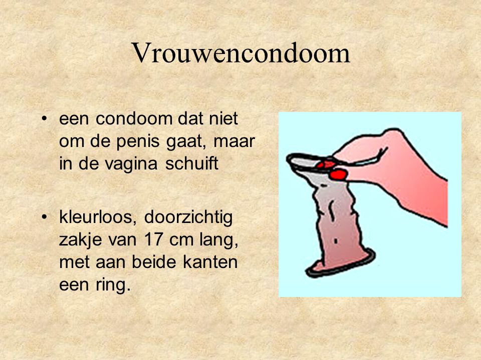 Vrouwencondoom een condoom dat niet om de penis gaat, maar in de vagina schuift.