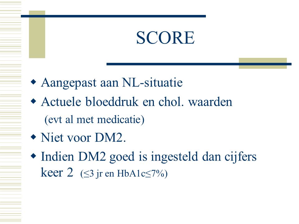 SCORE Aangepast aan NL-situatie Actuele bloeddruk en chol. waarden