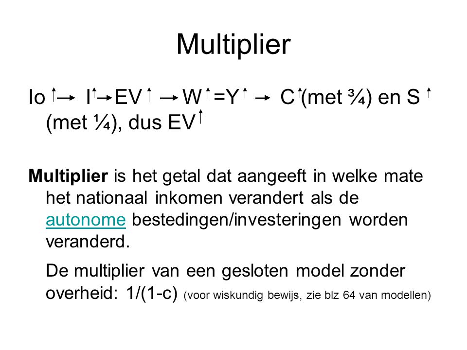 Multiplier Io I EV W =Y C (met ¾) en S (met ¼), dus EV