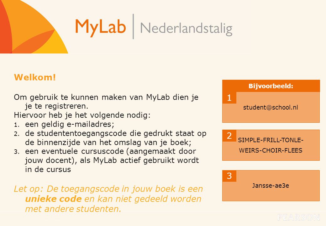 Welkom! Om gebruik te kunnen maken van MyLab dien je je te registreren. Hiervoor heb je het volgende nodig: