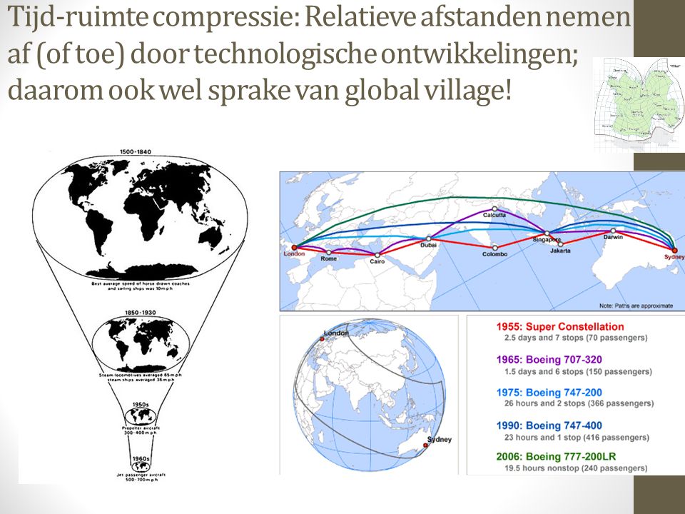 Tijd-ruimte compressie: Relatieve afstanden nemen af (of toe) door technologische ontwikkelingen; daarom ook wel sprake van global village!