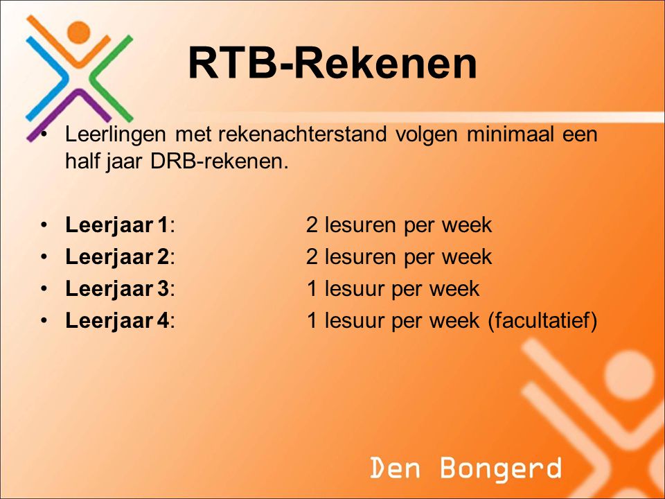 RTB-Rekenen Leerlingen met rekenachterstand volgen minimaal een half jaar DRB-rekenen. Leerjaar 1: 2 lesuren per week.