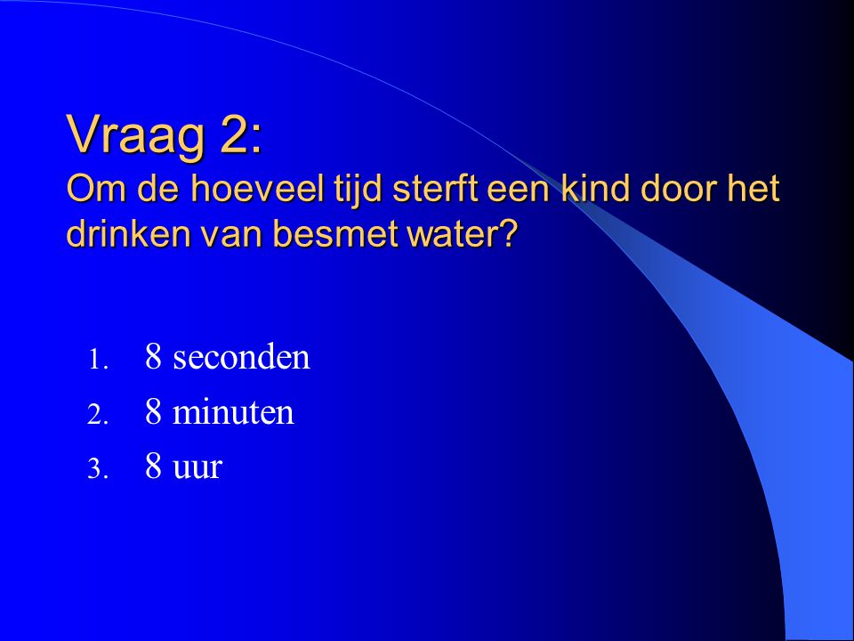 Vraag 2: Om de hoeveel tijd sterft een kind door het drinken van besmet water