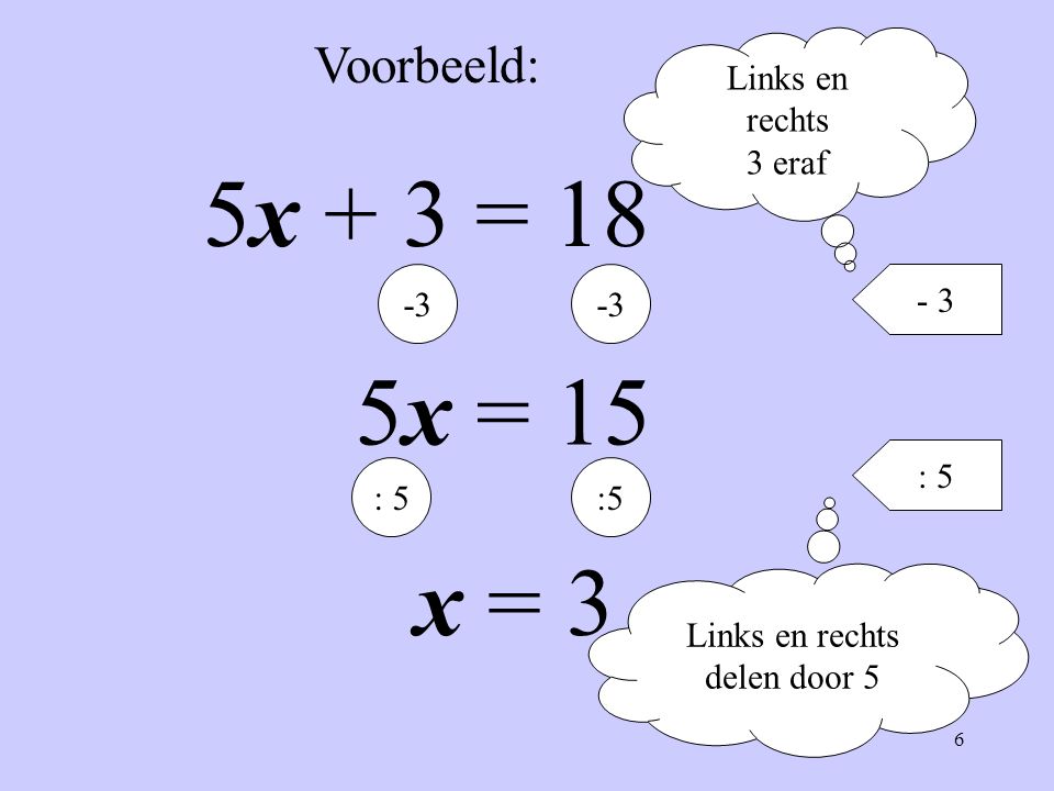 5x + 3 = 18 5x = 15 x = 3 Voorbeeld: Links en rechts 3 eraf
