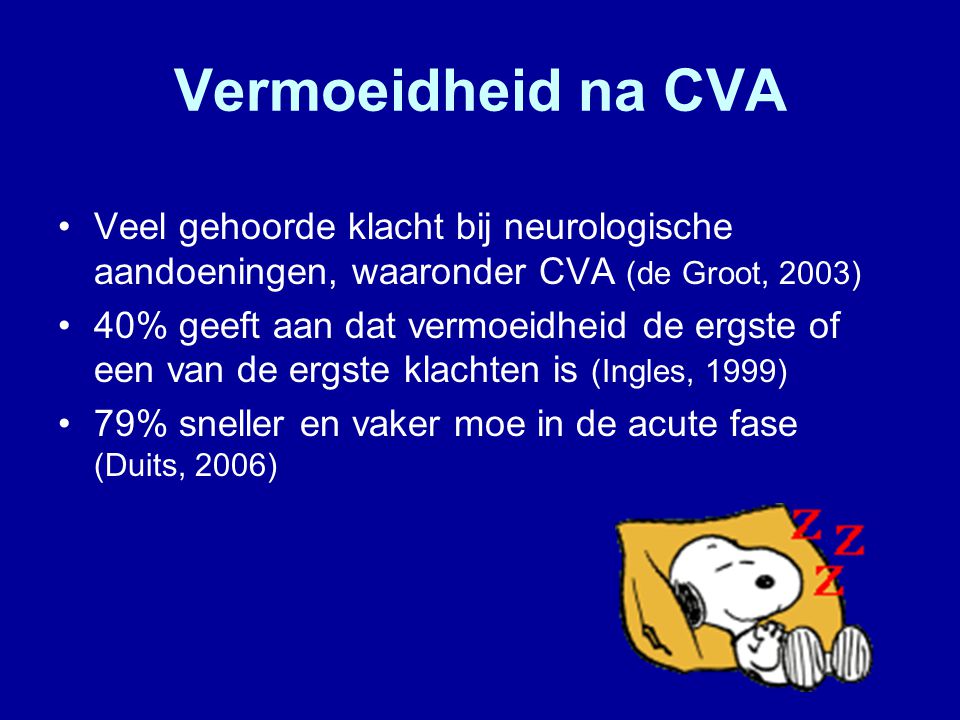Vermoeidheid na CVA Veel gehoorde klacht bij neurologische aandoeningen, waaronder CVA (de Groot, 2003)