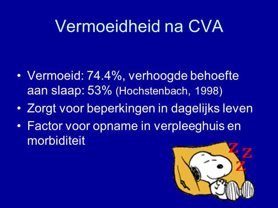 Vermoeidheid na CVA Vermoeid: 74.4%, verhoogde behoefte aan slaap: 53% (Hochstenbach, 1998) Zorgt voor beperkingen in dagelijks leven.