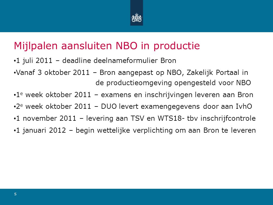 Mijlpalen aansluiten NBO in productie