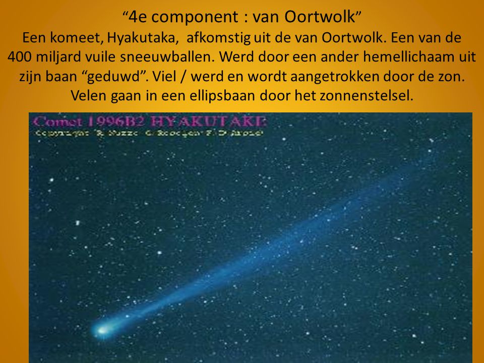 4e component : van Oortwolk Een komeet, Hyakutaka, afkomstig uit de van Oortwolk.