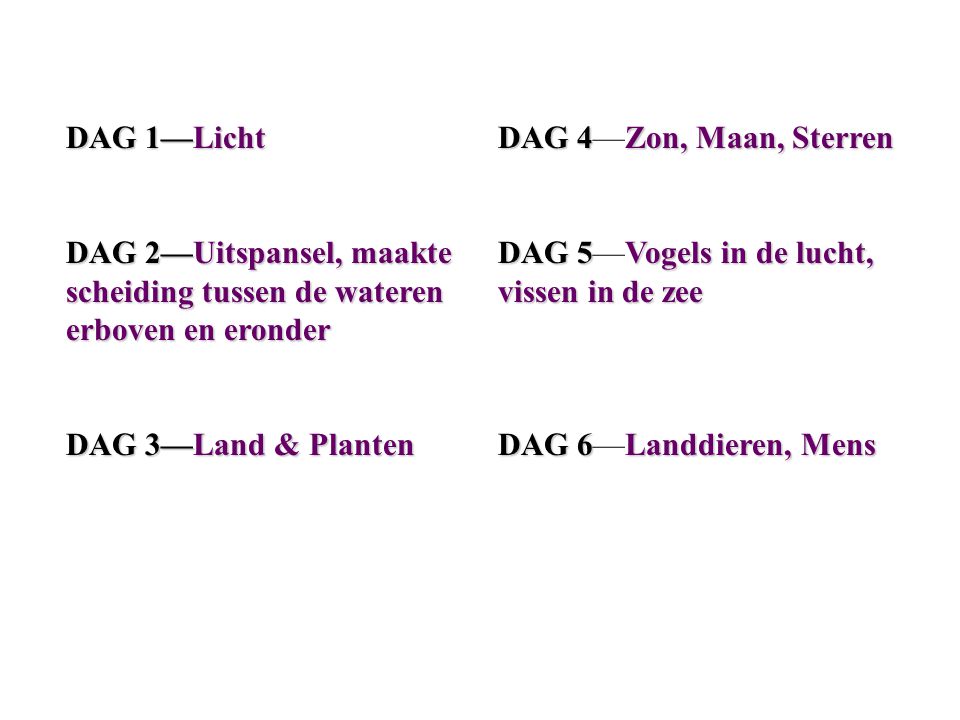 DAG 1—Licht DAG 2—Uitspansel, maakte scheiding tussen de wateren erboven en eronder. DAG 3—Land & Planten.