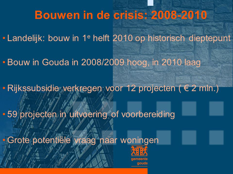Bouwen in de crisis: Landelijk: bouw in 1e helft 2010 op historisch dieptepunt. Bouw in Gouda in 2008/2009 hoog, in 2010 laag.
