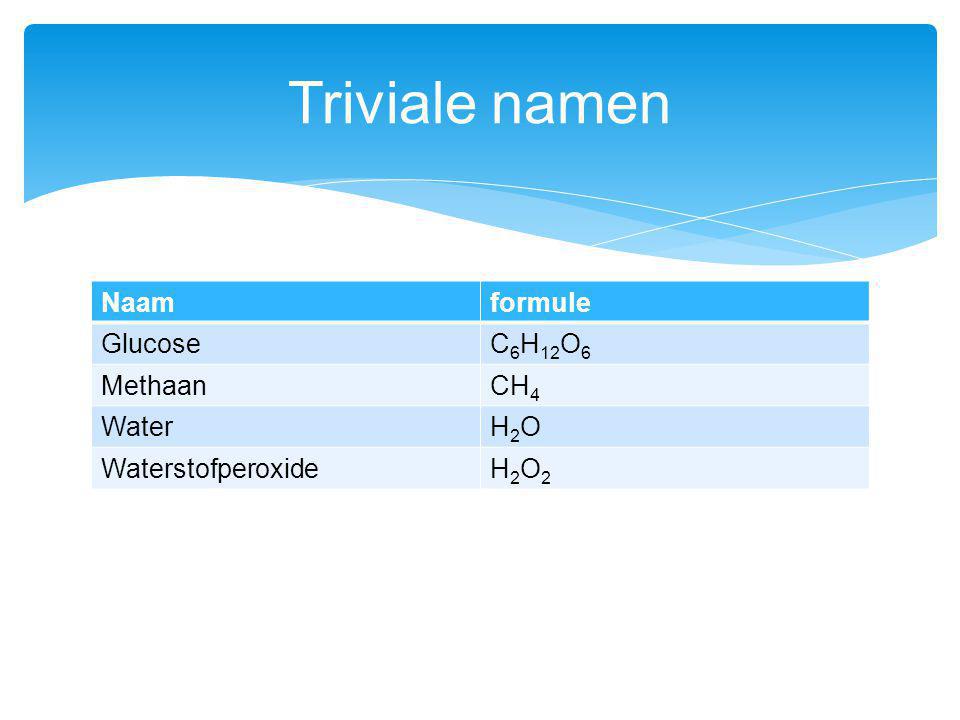Triviale namen Naam formule Glucose C6H12O6 Methaan CH4 Water H2O