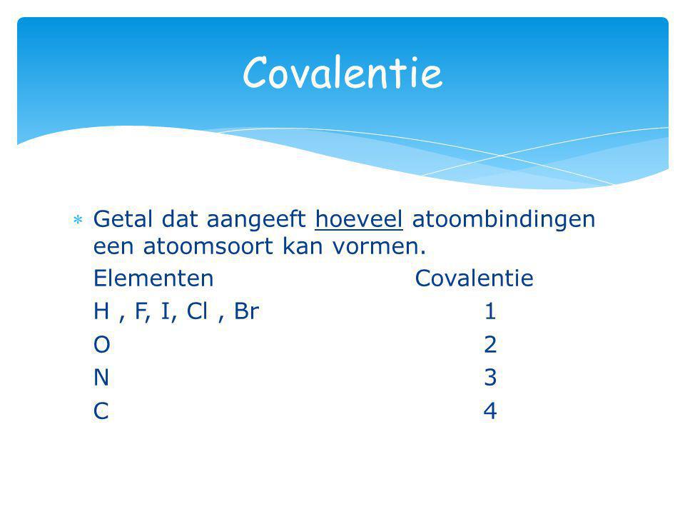Covalentie Getal dat aangeeft hoeveel atoombindingen een atoomsoort kan vormen. Elementen Covalentie.