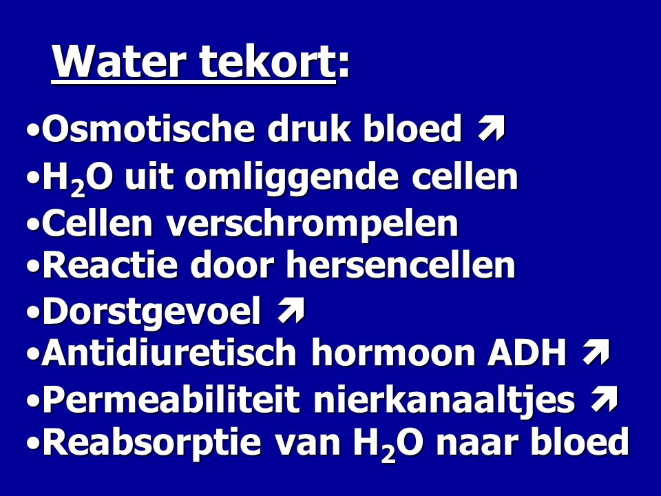 Water tekort: Osmotische druk bloed  H2O uit omliggende cellen