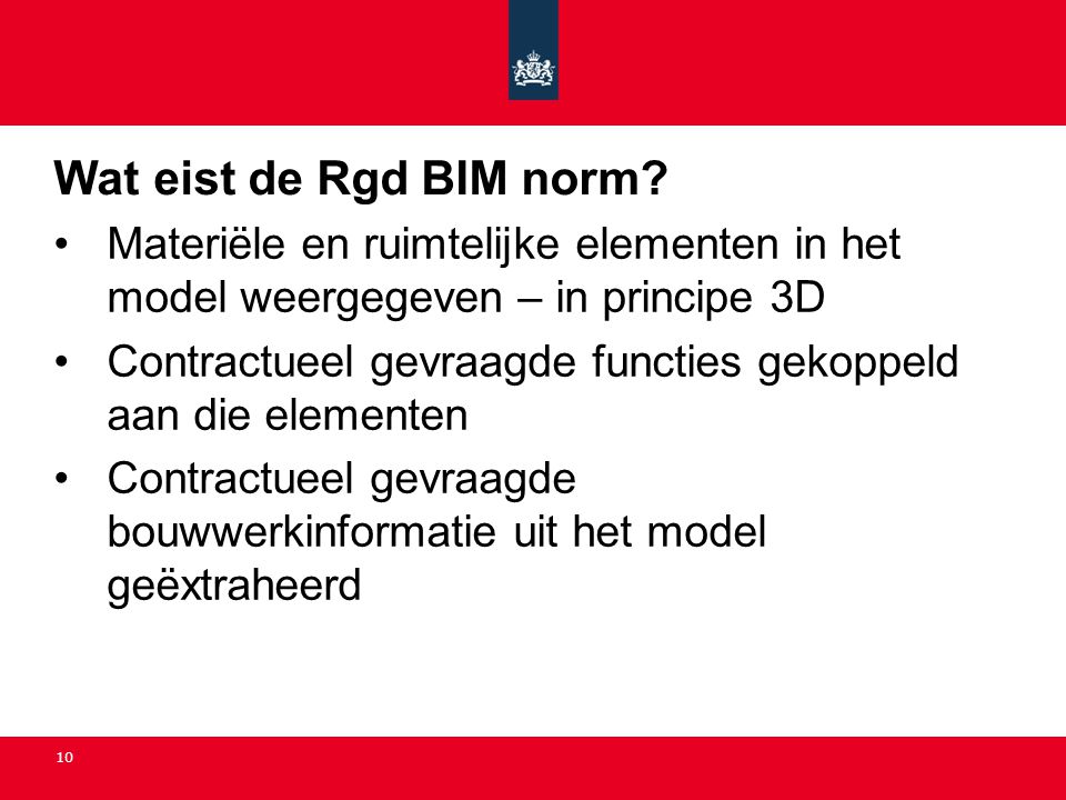 Wat eist de Rgd BIM norm Materiële en ruimtelijke elementen in het model weergegeven – in principe 3D.
