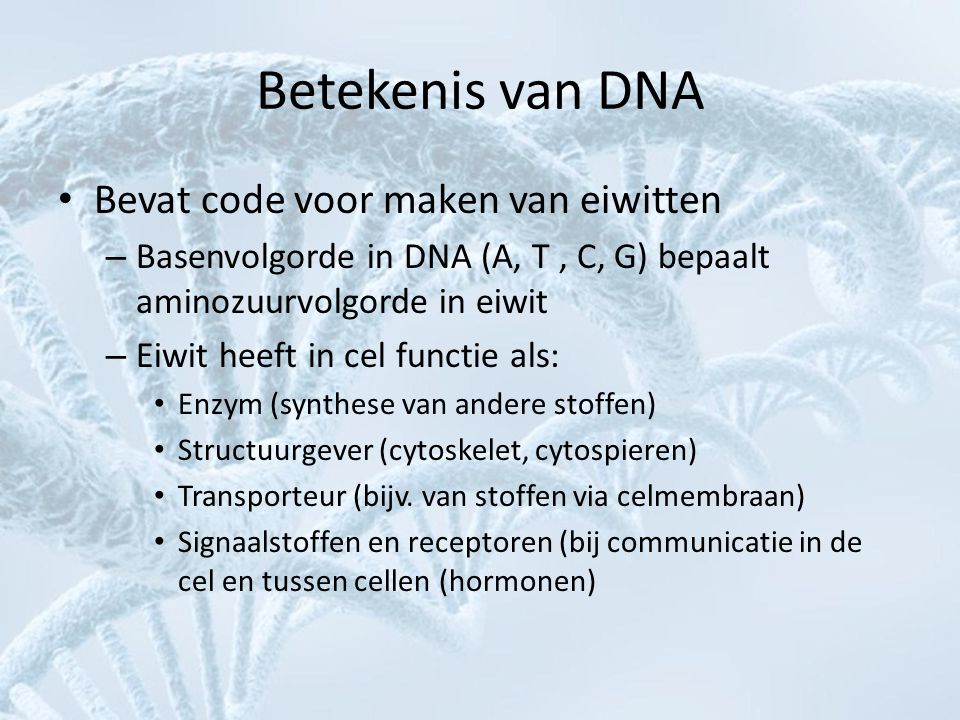 Betekenis van DNA Bevat code voor maken van eiwitten