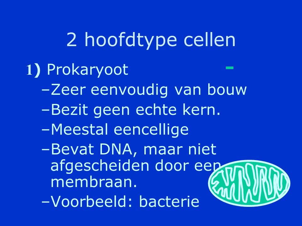2 hoofdtype cellen 1) Prokaryoot Zeer eenvoudig van bouw