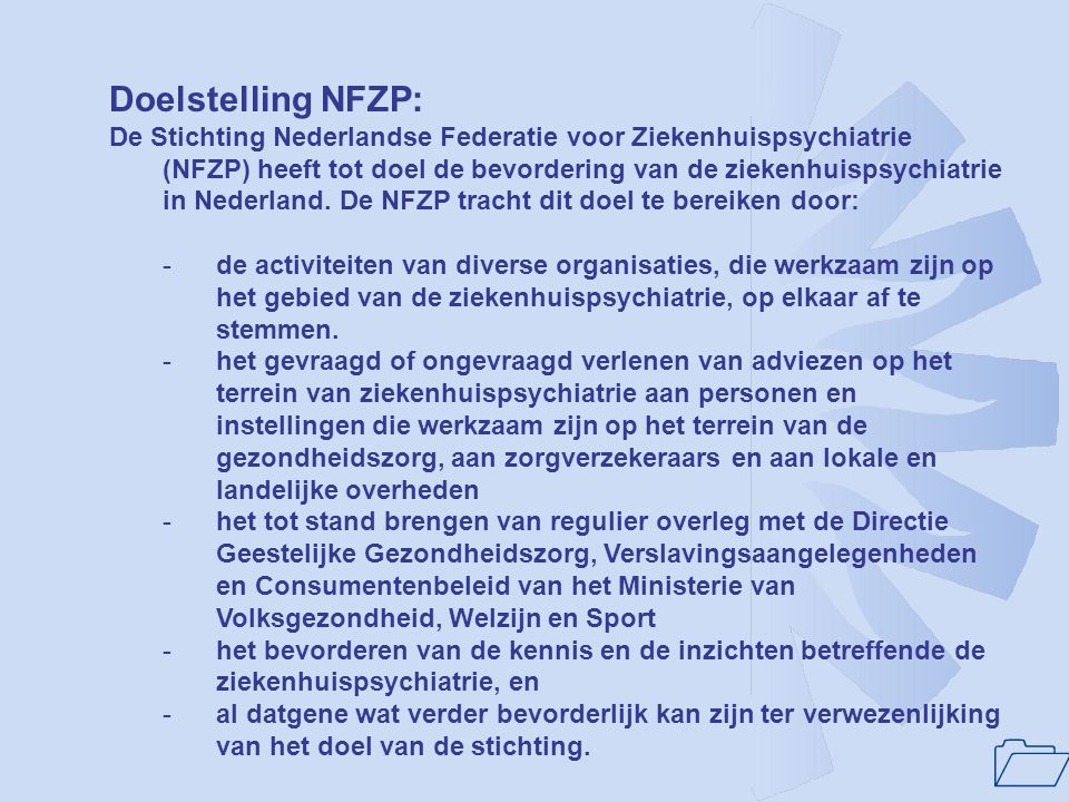 Doelstelling NFZP: